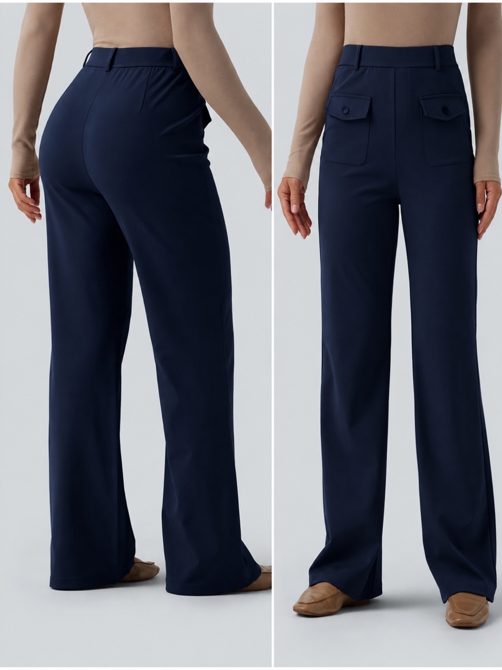 Halara Wide-Leg Navy Pants work pants with Button-Flap Pockets